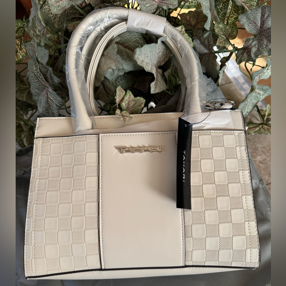 Tahari Ivory Checkered Satchel